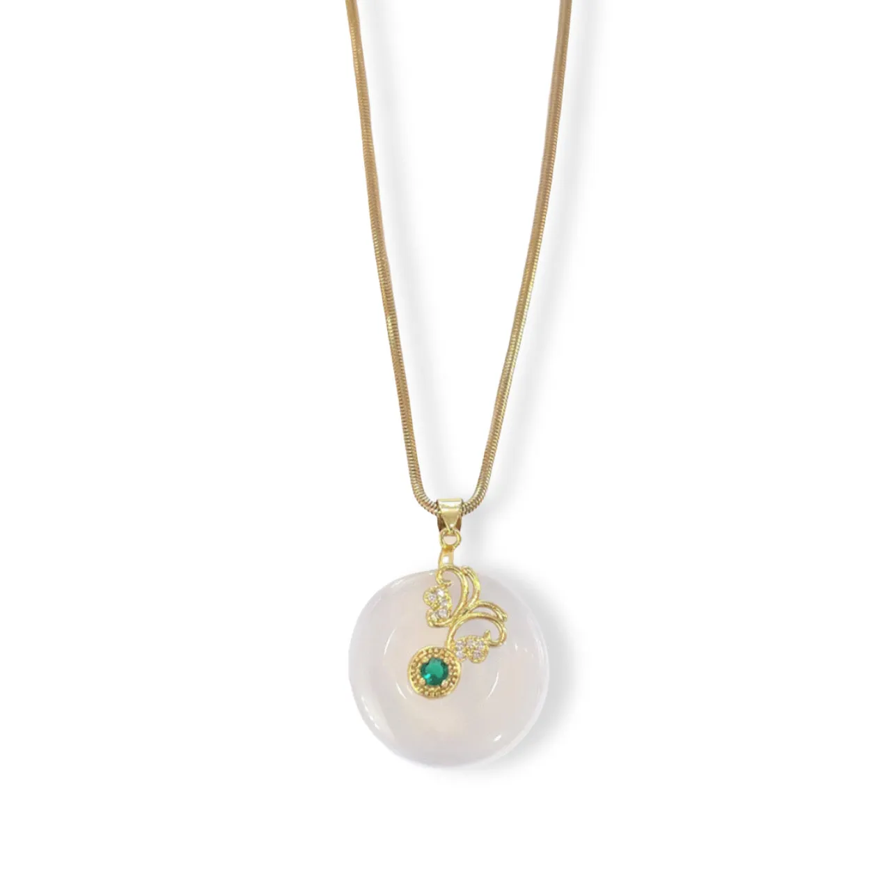 BUTTERFLY ROUND EMERALD STONE WHITE JADE necklace