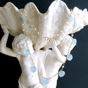 Carved Aquamarine Shells Freshwater Seed Pearls Choker Necklace - Les Coquilles de la Mer Necklace