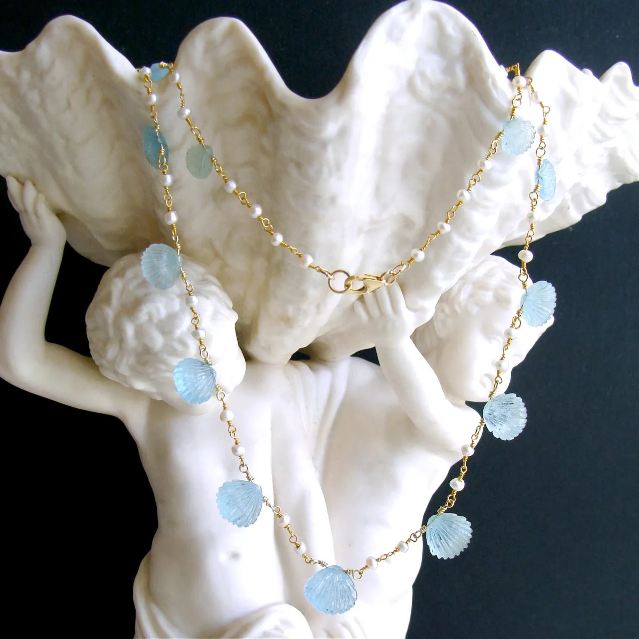 Carved Aquamarine Shells Freshwater Seed Pearls Choker Necklace - Les Coquilles de la Mer Necklace