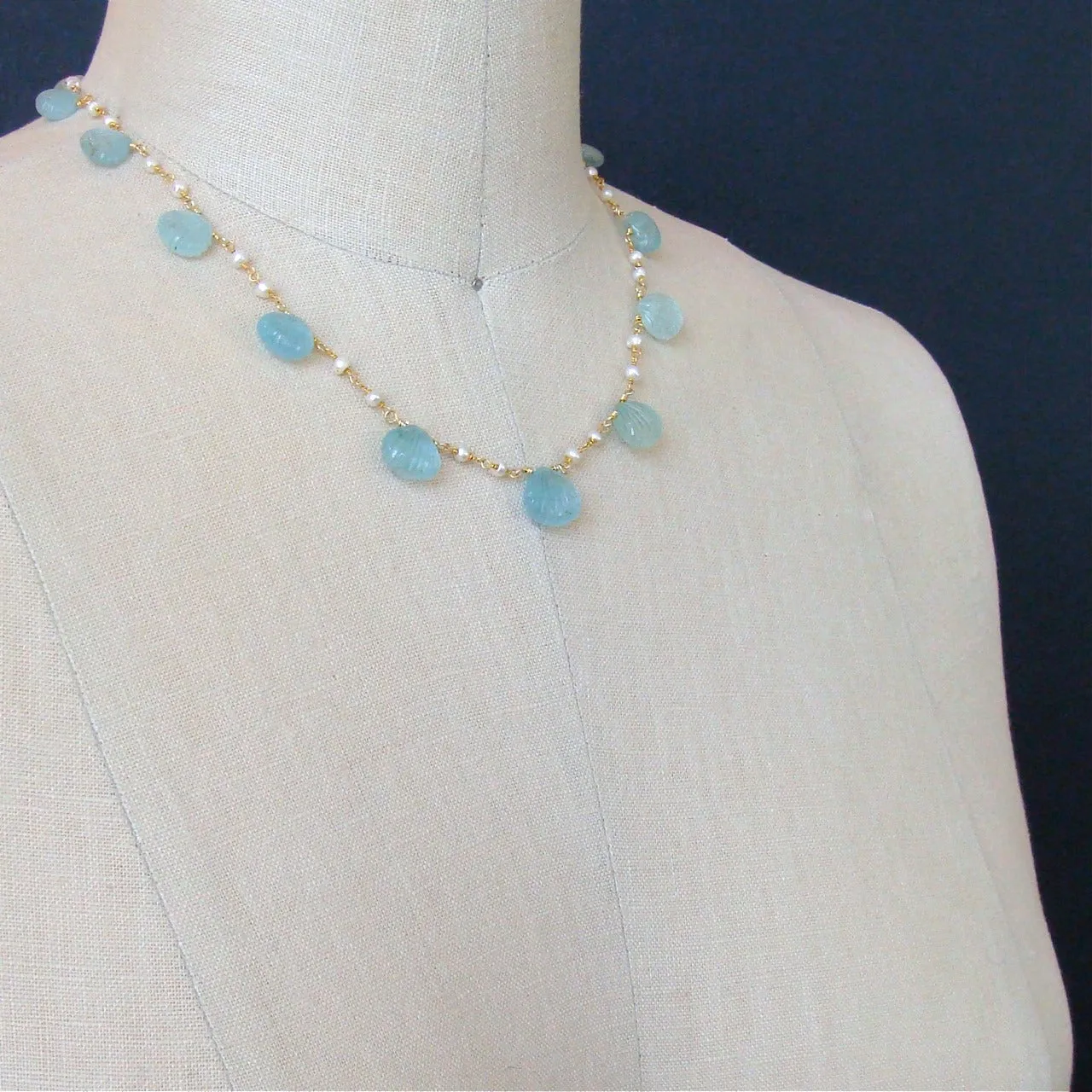 Carved Aquamarine Shells Freshwater Seed Pearls Choker Necklace - Les Coquilles de la Mer Necklace