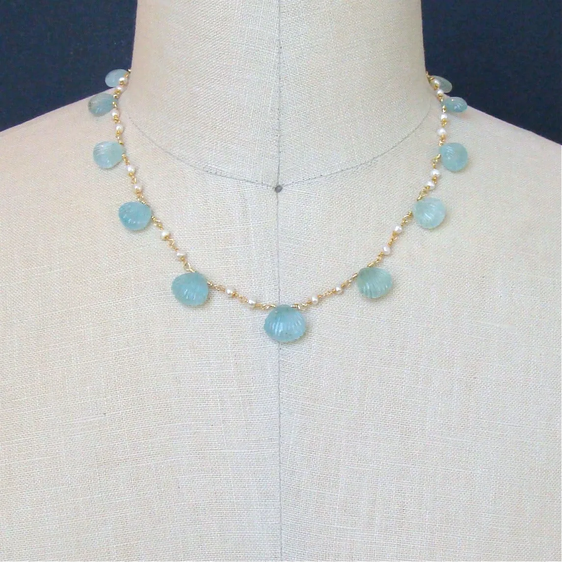 Carved Aquamarine Shells Freshwater Seed Pearls Choker Necklace - Les Coquilles de la Mer Necklace
