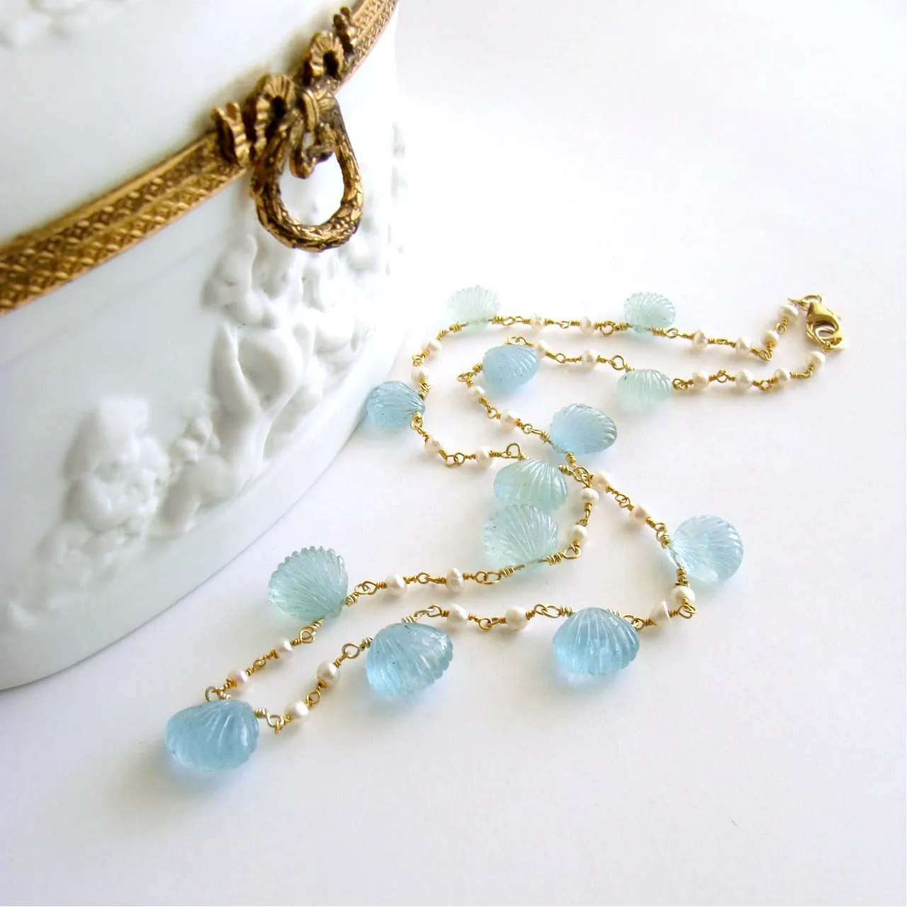 Carved Aquamarine Shells Freshwater Seed Pearls Choker Necklace - Les Coquilles de la Mer Necklace