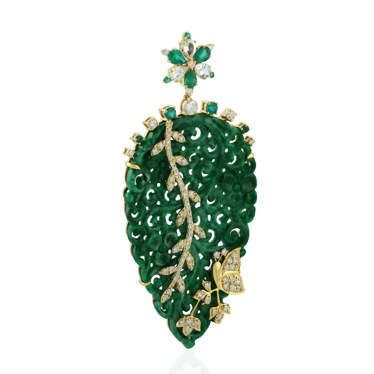 Carved Jade Leaf Design Pave Diamond Pear Cut Emerald & Sapphire Pendant In Gold
