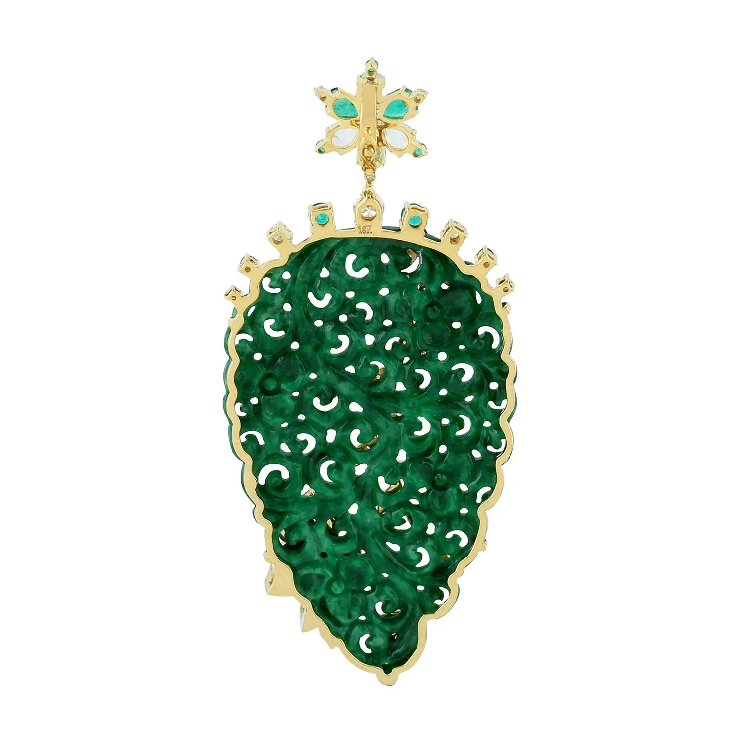 Carved Jade Leaf Design Pave Diamond Pear Cut Emerald & Sapphire Pendant In Gold