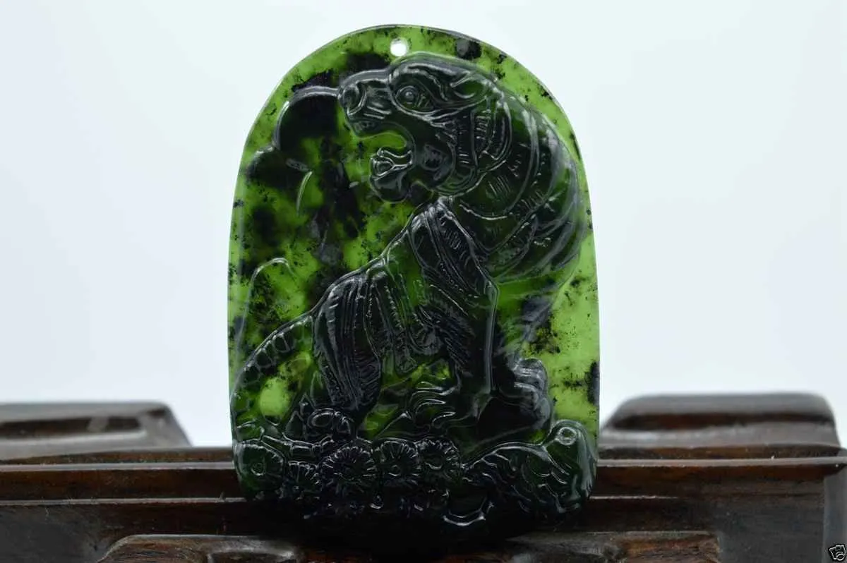 Certified Natural Black-Green Hetian Jade Tiger Pendant