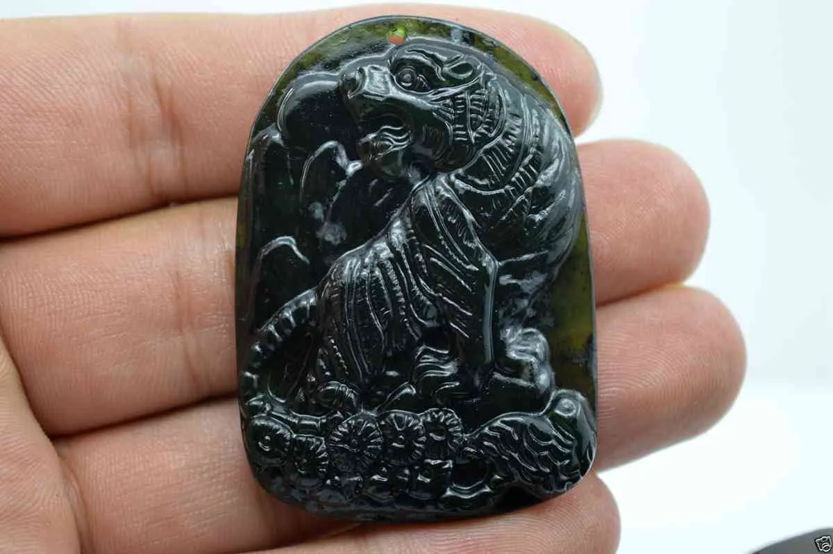 Certified Natural Black-Green Hetian Jade Tiger Pendant