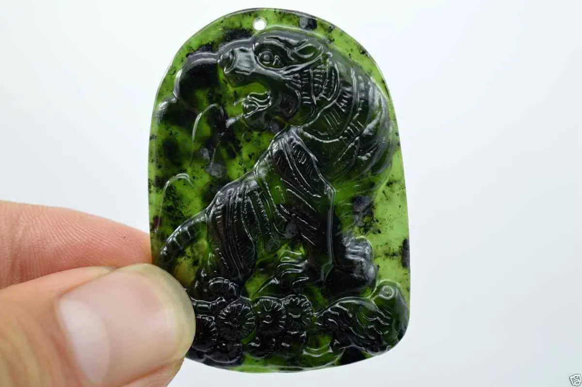 Certified Natural Black-Green Hetian Jade Tiger Pendant