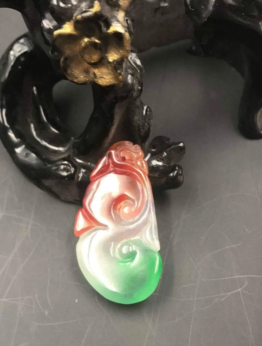 Certified Natural Ice Jadeite Emerald Jade Dragon Ruyi Pendant《Grade A》3187