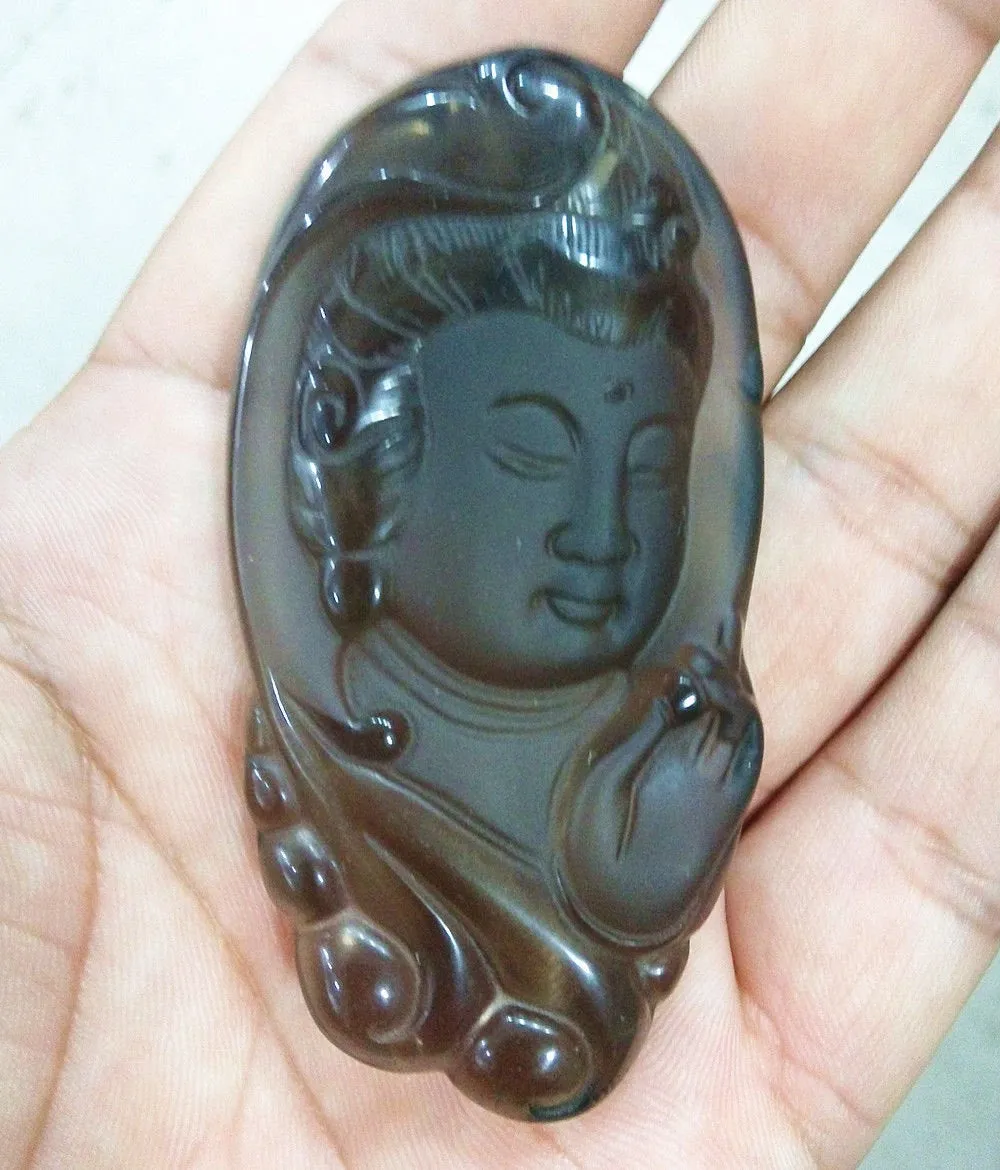 Certified Natural Icy Obsidian Emerald Jade GuanYin Pendant