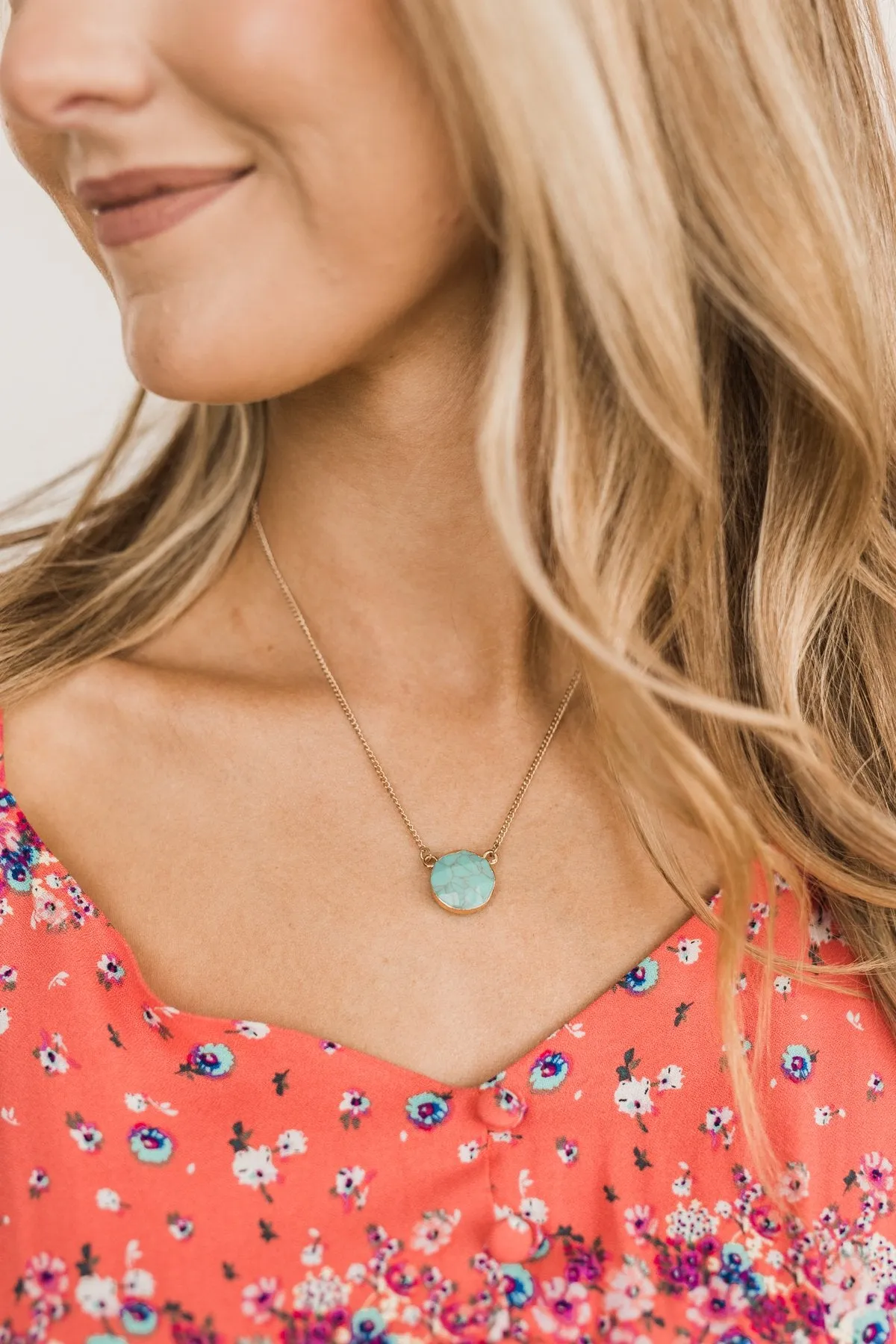 Charming Marble Pendant Gold Necklace- Turquoise