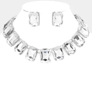 Clear Crystal Emerald Cut Stone Link Statement Necklace Homecoming Jewelry | 574838