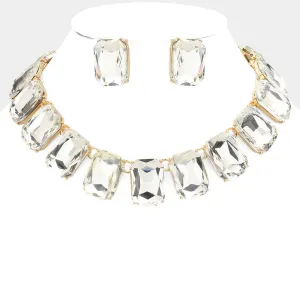 Clear Crystal Emerald Cut Stone Link Statement Necklace on Gold| Homecoming Jewelry | 574831