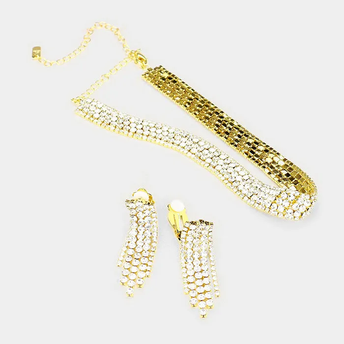 Clear Crystal Rhinestone Choker with Matching Clip on Earrings on Gold | Prom Jewelry | 401593