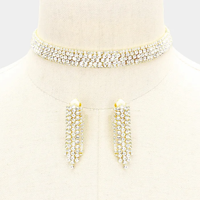 Clear Crystal Rhinestone Choker with Matching Clip on Earrings on Gold | Prom Jewelry | 401593