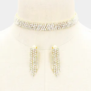 Clear Crystal Rhinestone Choker with Matching Clip on Earrings on Gold | Prom Jewelry | 401593