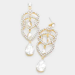 Clear Crystal Rhinestone Teardrop Dangle Pageant Earrings on Gold  | 310907