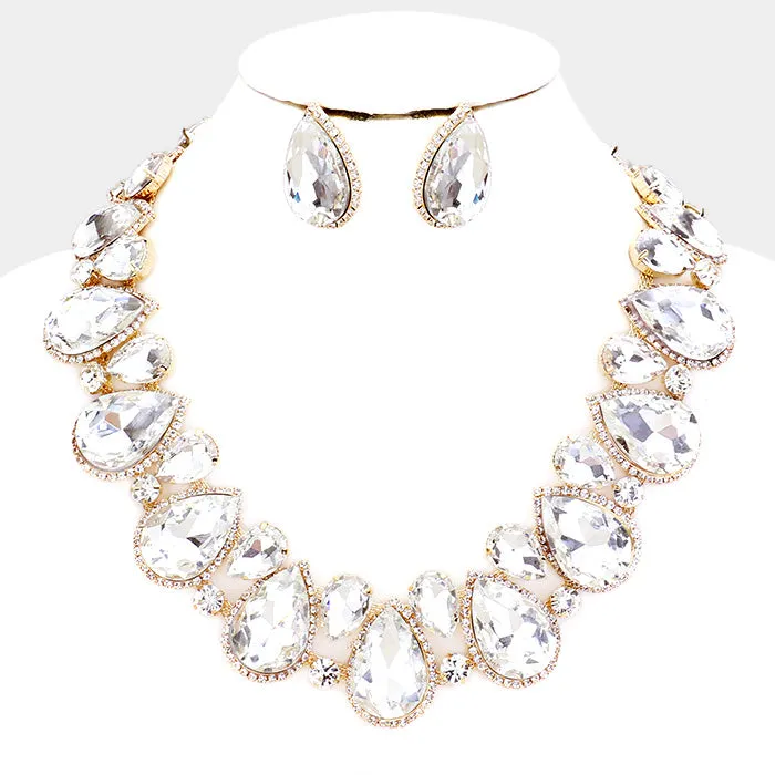 Clear Crystal Rhinestone Trim Teardrop Pageant Necklace on Gold | Evening Necklace  | 409122