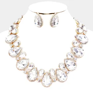 Clear Crystal Rhinestone Trim Teardrop Pageant Necklace on Gold | Evening Necklace  | 409122