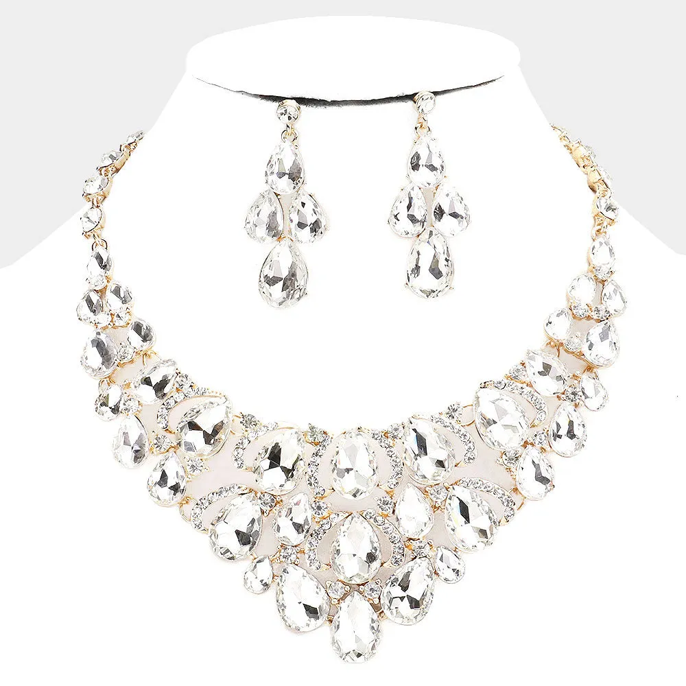 Clear Crystal Teardrop Cluster Pageant Necklace on Gold | Statement Necklace | 484066