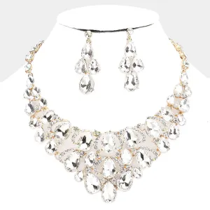 Clear Crystal Teardrop Cluster Pageant Necklace on Gold | Statement Necklace | 484066