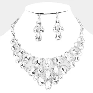 Clear Crystal Teardrop Cluster Pageant Necklace  | Statement Necklace | 484072