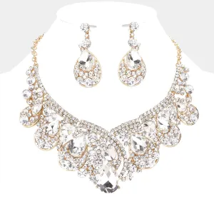 Clear Crystal Teardrop Pageant Necklace Set on Gold | Prom Necklace Set | 261429