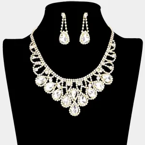 Clear Crystal Teardrop Rhinestone Pageant Prom Necklace Set on Gold  | 413721