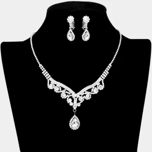 Clear Crystal Teardrop Stone Rhinestone Prom Necklace - Clip on Earrings | Prom Jewelry | 532961