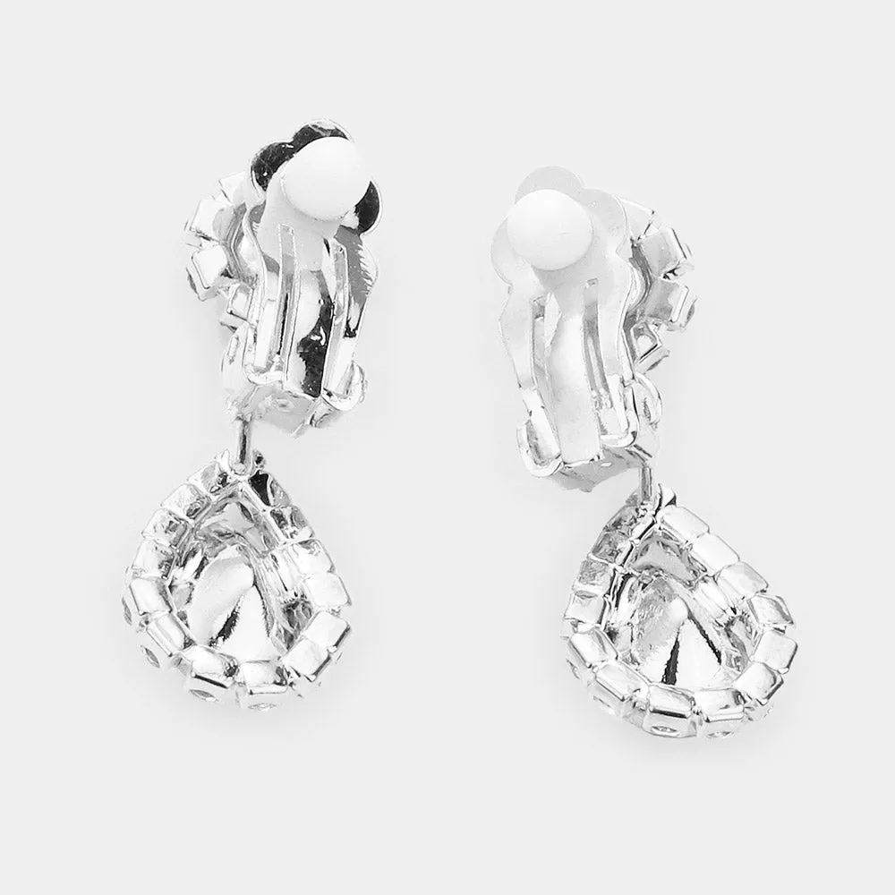 Clear Crystal Teardrop Stone Rhinestone Prom Necklace - Clip on Earrings | Prom Jewelry | 532961