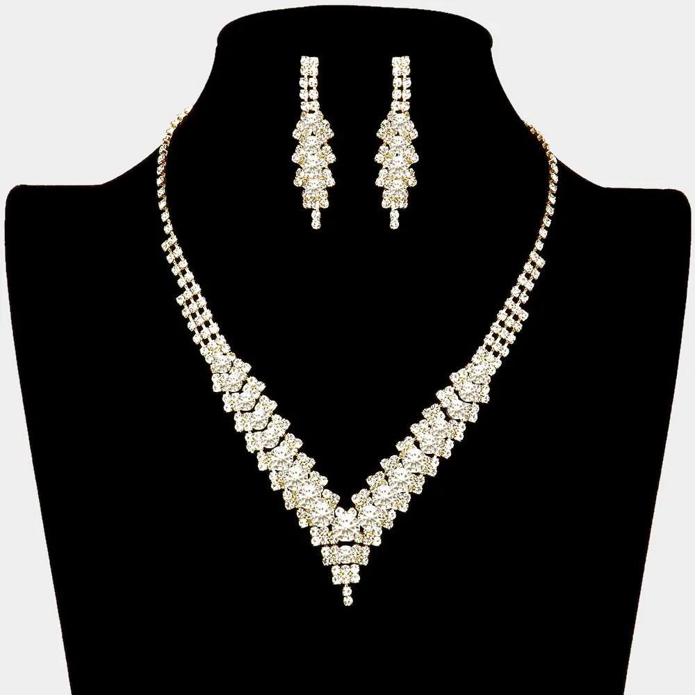 Clear Crystal V-Neck Rhinestone Necklace Set on Gold| Prom Jewelry | 226809