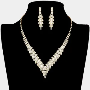 Clear Crystal V-Neck Rhinestone Necklace Set on Gold| Prom Jewelry | 226809