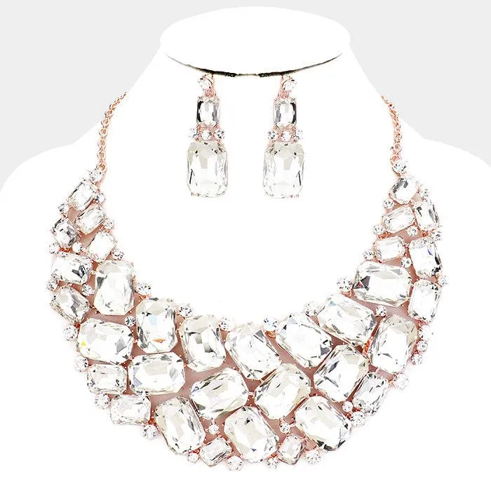 Clear Faceted Teardrop Crystal Rose Gold Statement Necklace