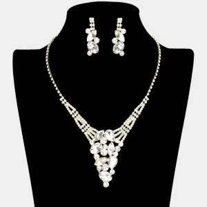 Clear Multi Stone Cluster Rhinestone Pageant Necklace on Gold | Prom Necklace Set| 594721
