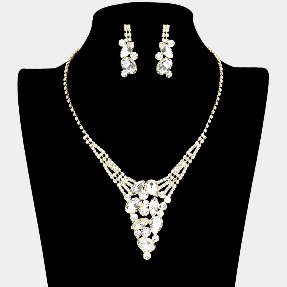Clear Multi Stone Cluster Rhinestone Pageant Necklace on Gold | Prom Necklace Set| 594721