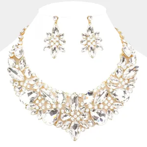 Clear Multi Stone Evening Necklace Set on Gold| Statement Jewelry | Special Occasion Crystal  Necklace|  529029