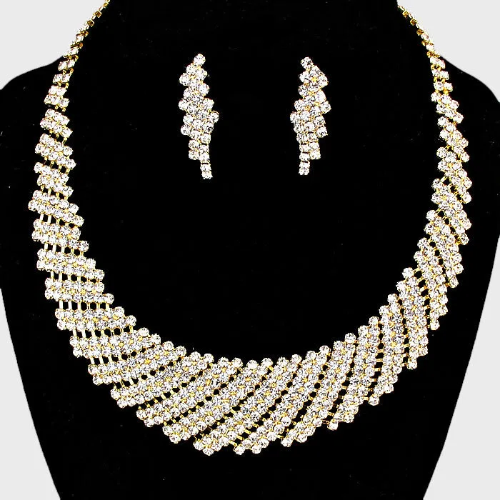 Clear Rhinestone Round Collar Pageant Necklace on Gold | Prom Necklace | 66526