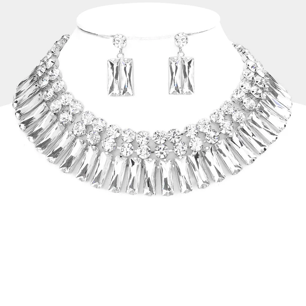 Clear Round and Rectangle Stone Cluster Evening Necklace Set | Large Crystal Fashion Necklace Set  |  571420