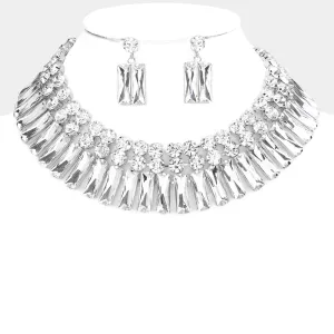 Clear Round and Rectangle Stone Cluster Evening Necklace Set | Large Crystal Fashion Necklace Set  |  571420
