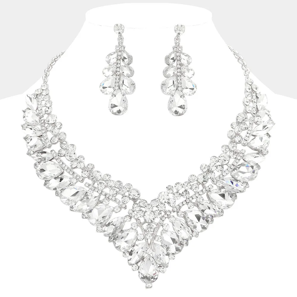Clear Teardrop Marquise and Round Stone Evening Necklace Set   | Crystal Statement Necklace Set |  645277