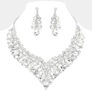 Clear Teardrop Marquise and Round Stone Evening Necklace Set   | Crystal Statement Necklace Set |  645277
