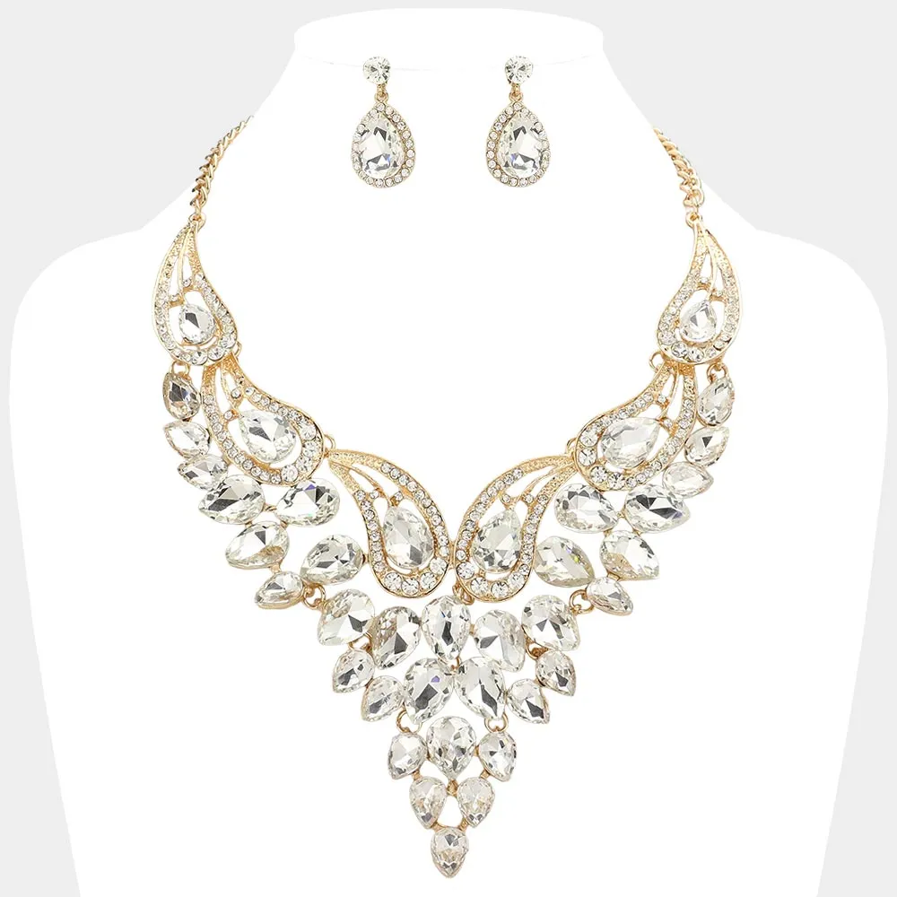 Clear Teardrop Stone Evening Necklace Set on Gold | Crystal Statement Necklace Set |  641539