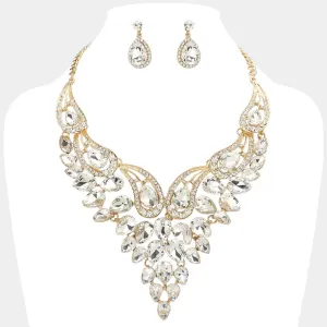 Clear Teardrop Stone Evening Necklace Set on Gold | Crystal Statement Necklace Set |  641539