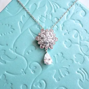 Clear White Cubic Zirconia Flower Drop Necklace. Marquise Cut Flower Charm Bridal Necklace. Wedding Necklace. Bridesmaid Necklace.