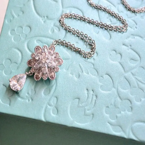 Clear White Cubic Zirconia Flower Drop Necklace. Marquise Cut Flower Charm Bridal Necklace. Wedding Necklace. Bridesmaid Necklace.