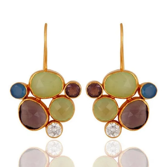 Colorful Blue, Green and Purple Chalcedony Gemstones Dangle Earrings 1.5"