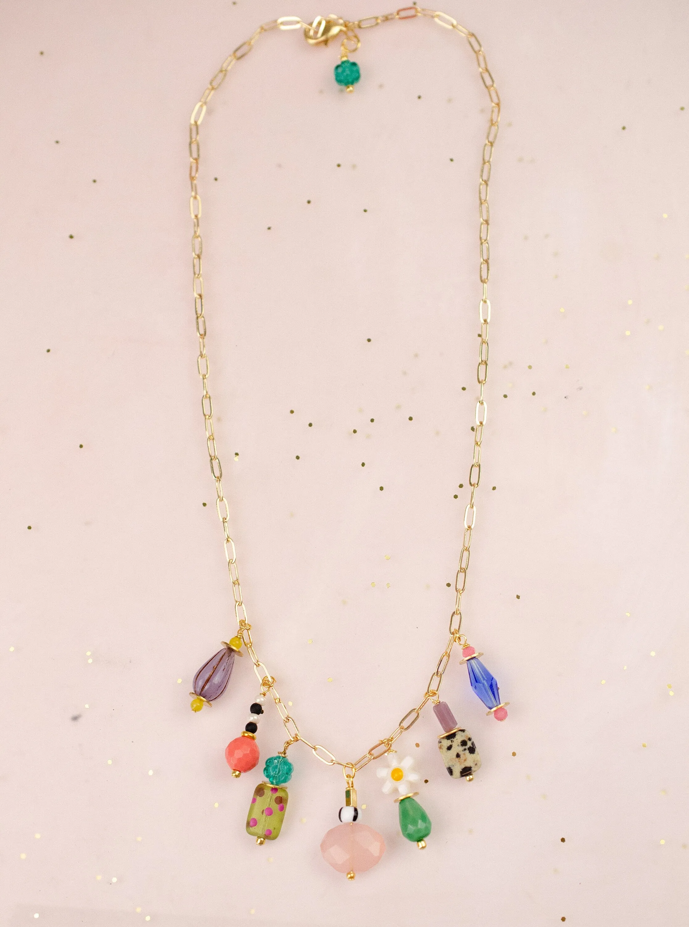 Colorful Charm necklace, flower charm necklace, bright beaded necklace, beaded charm necklace, unique colorful necklace, gift for her,