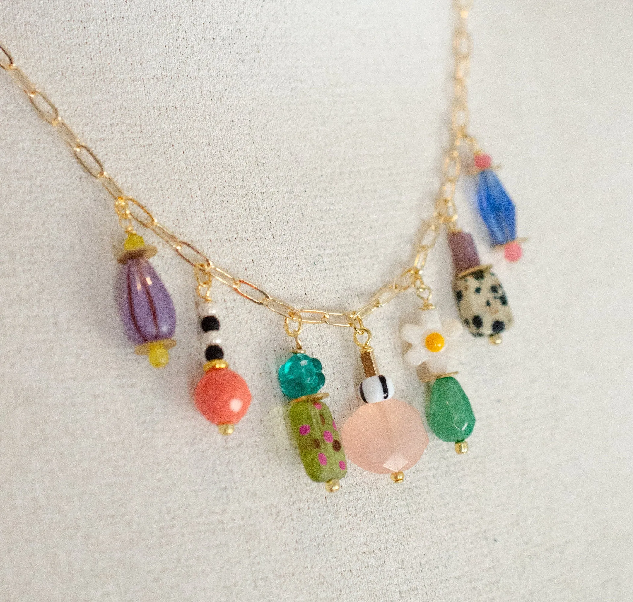 Colorful Charm necklace, flower charm necklace, bright beaded necklace, beaded charm necklace, unique colorful necklace, gift for her,