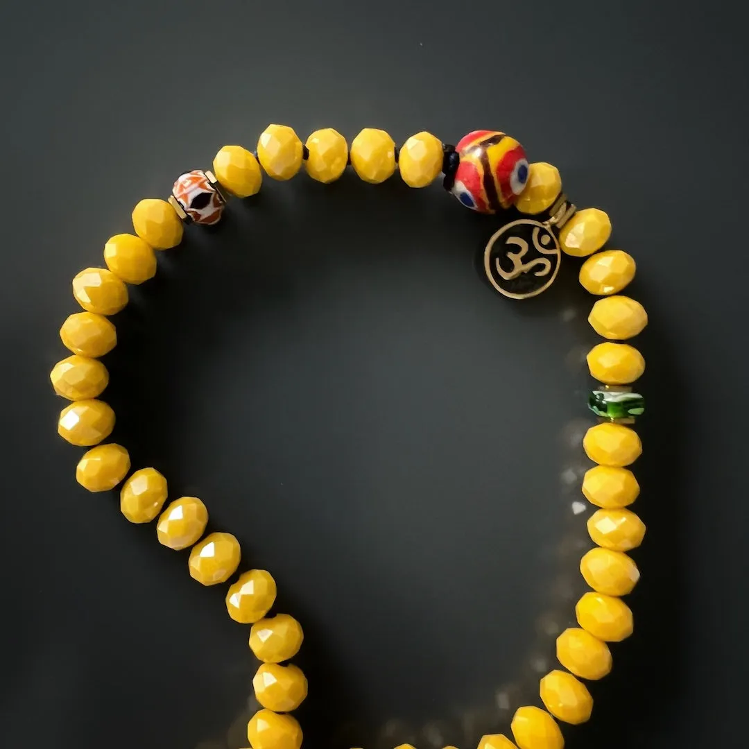 Colorful Nepal Mantra Pendant Yellow Beaded Long Necklace