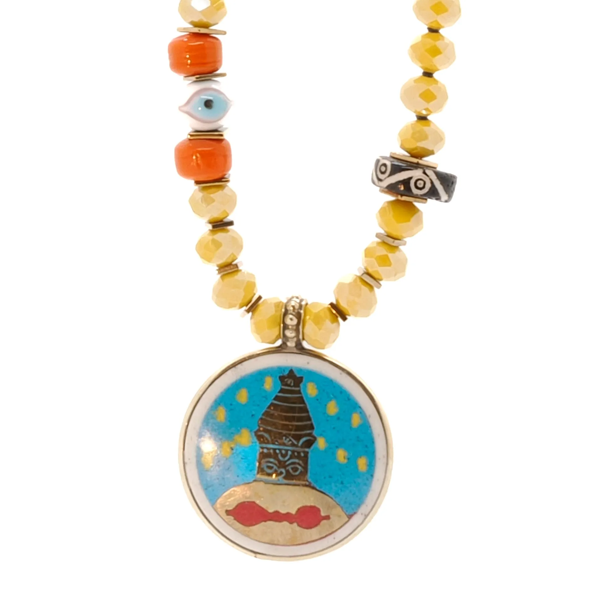 Colorful Nepal Mantra Pendant Yellow Beaded Long Necklace