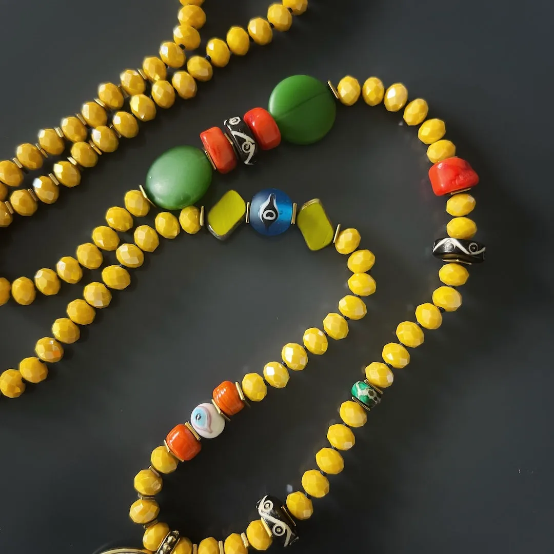 Colorful Nepal Mantra Pendant Yellow Beaded Long Necklace